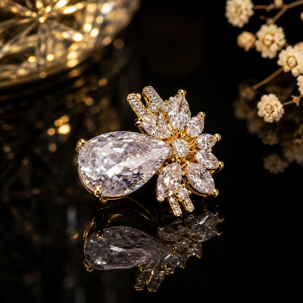 Elegant floral teardrop statement ring with sparkling stone detailing