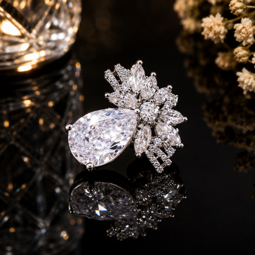 Elegant floral teardrop statement ring with sparkling stone detailing
