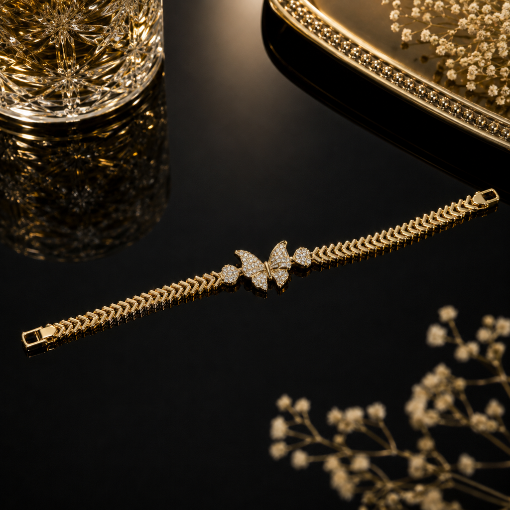 Elegant gold butterfly crystal bracelet with sparkling herringbone-style links