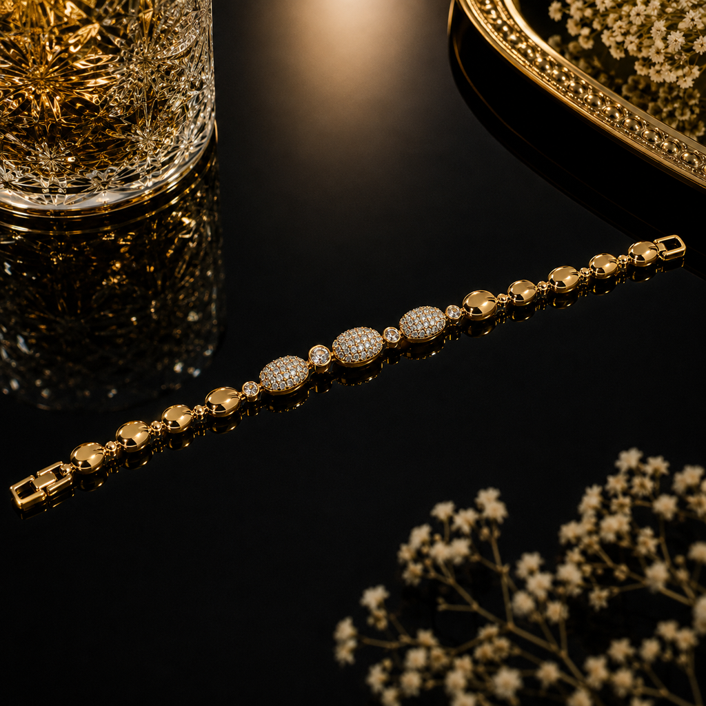 Gold-tone round link bracelet with sparkling crystal accents