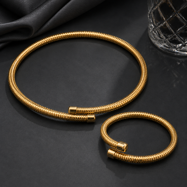Golden ribbed snake chain necklace with matching hand cuff jewelry set