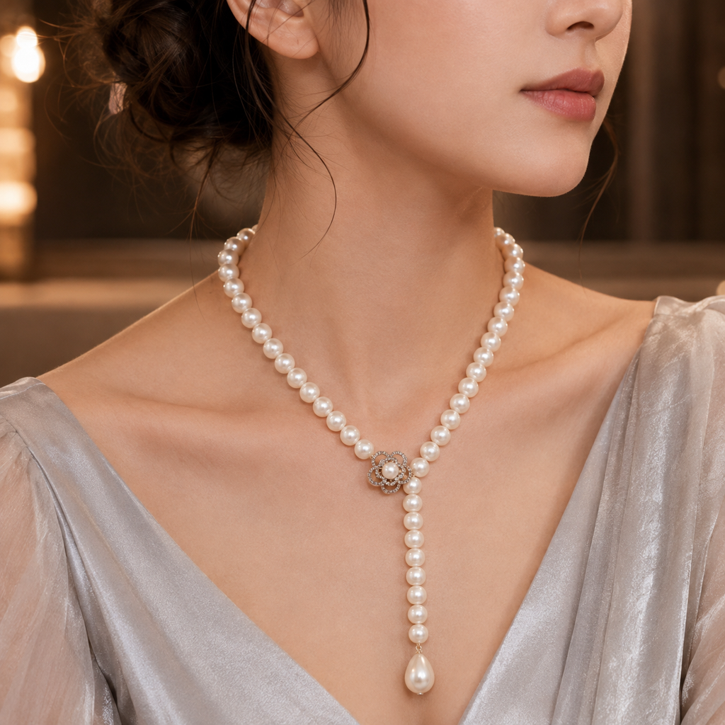 Elegant white pearl Y-drop necklace with floral centerpiece and hanging pearl detail