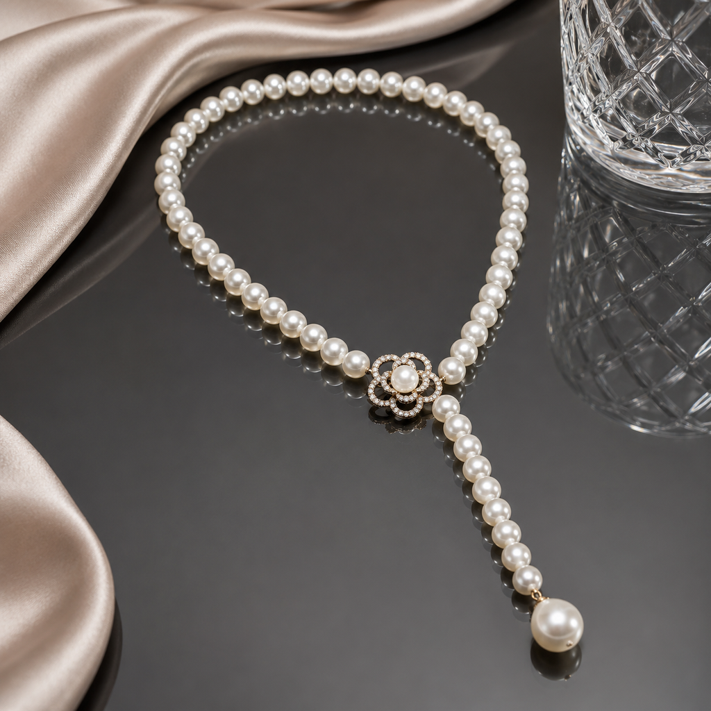 Elegant white pearl Y-drop necklace with floral centerpiece and hanging pearl detail