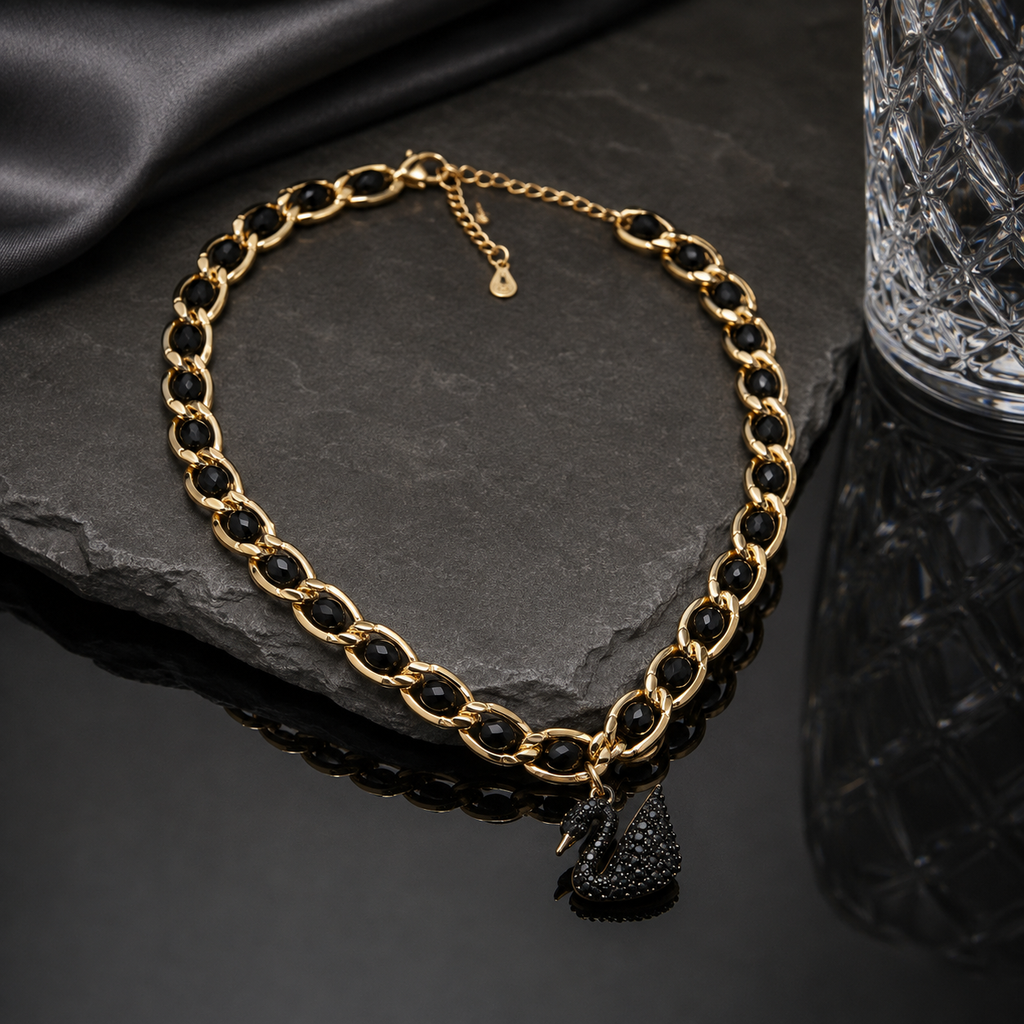 Black beaded necklace with elegant swan-shaped pendant