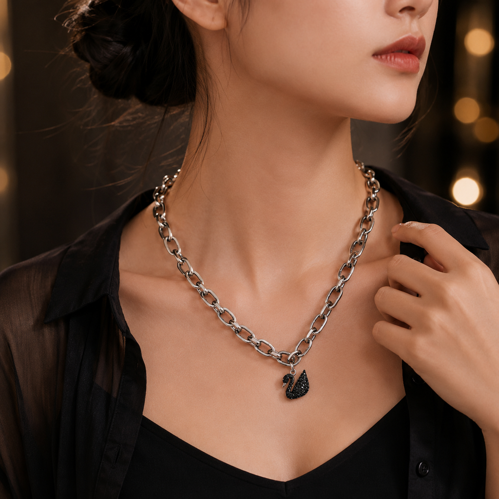 Black beaded necklace with elegant swan-shaped pendant