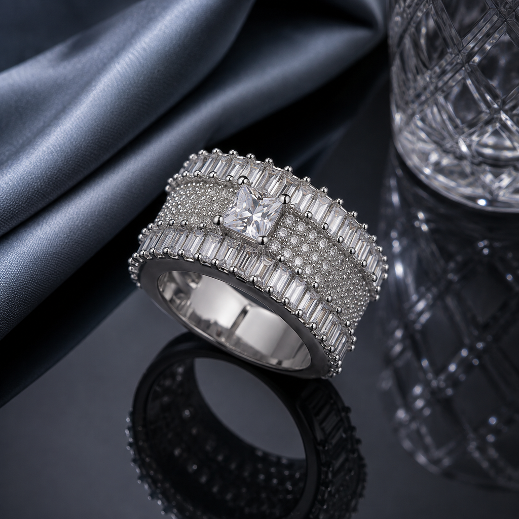 Silver CZ princess-cut statement ring with layered baguette-style detailing