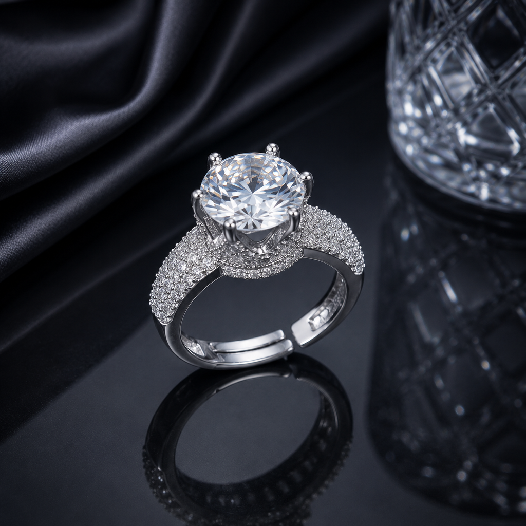 Silver CZ solitaire ring with round-cut center stone and sparkling halo detailing