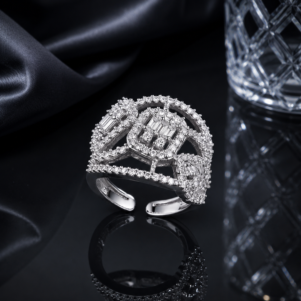 Silver CZ geometric statement ring with intricate sparkling stone detailing