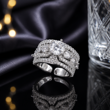 Elegant silver-tone CZ floral halo statement ring with sparkling round center stone