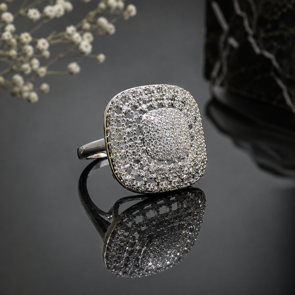 Elegant silver CZ square statement ring with sparkling pavé center and intricate stone detailing