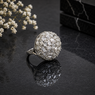 Round baguette cluster American diamond silver ring
