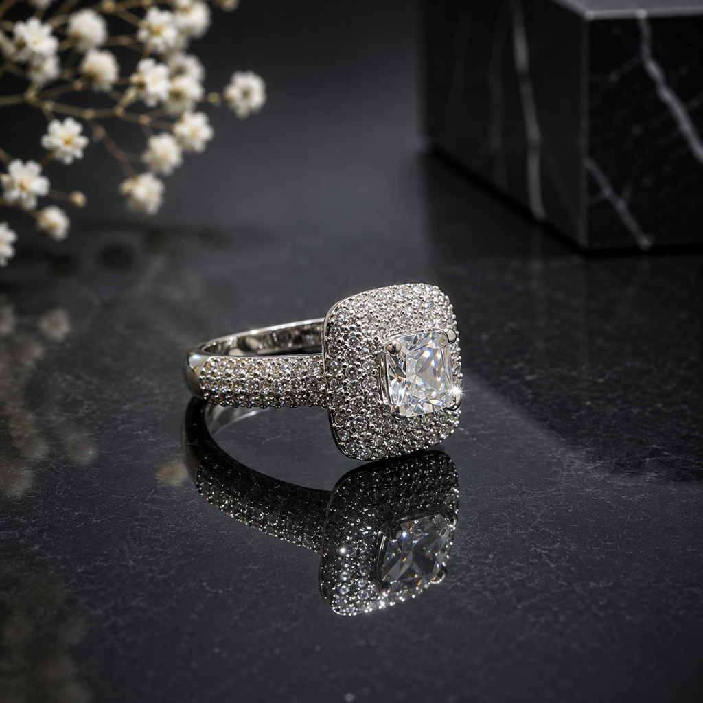 Elegant silver CZ cushion cut statement ring with sparkling center stone and intricate pavé detailing