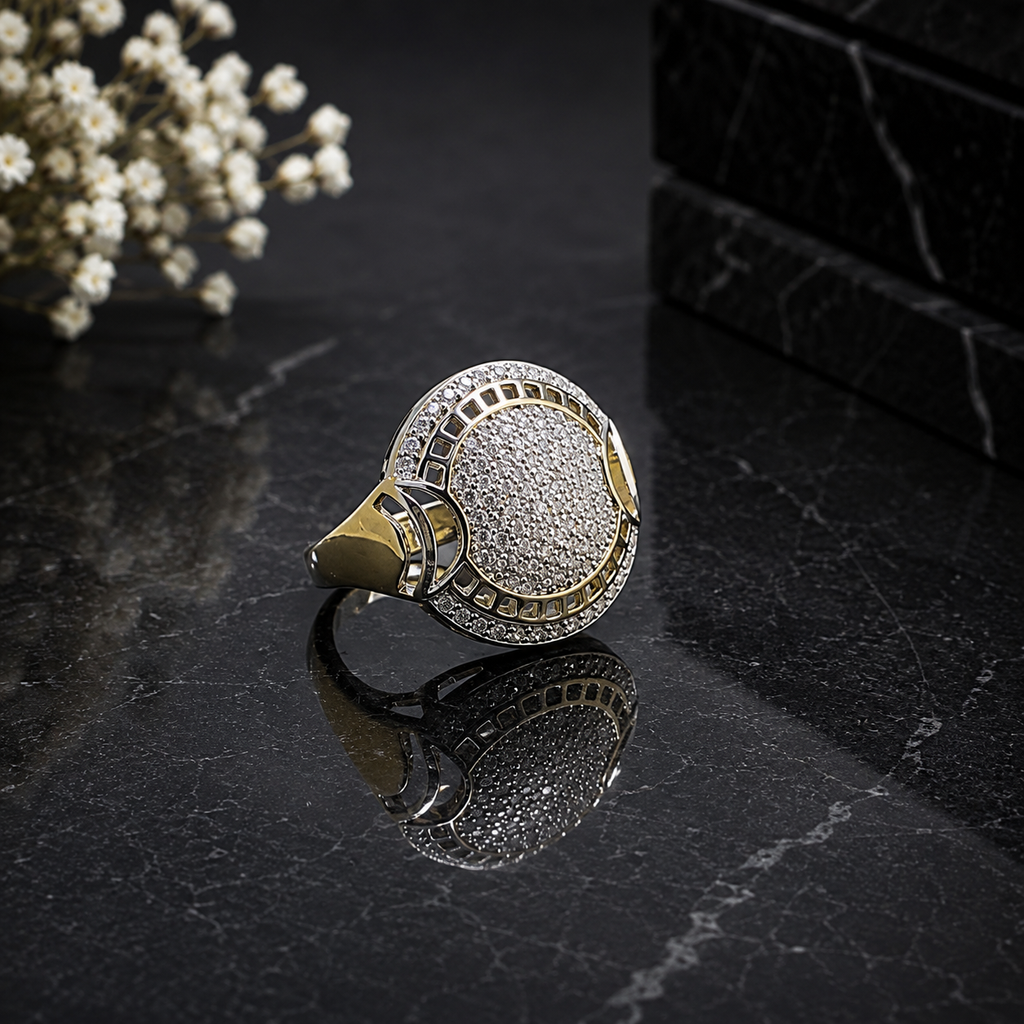 Elegant two-tone round CZ statement ring with sparkling pavé center and intricate geometric detailing