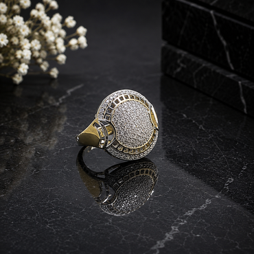 Elegant two-tone round CZ statement ring with sparkling pavé center and intricate geometric detailing