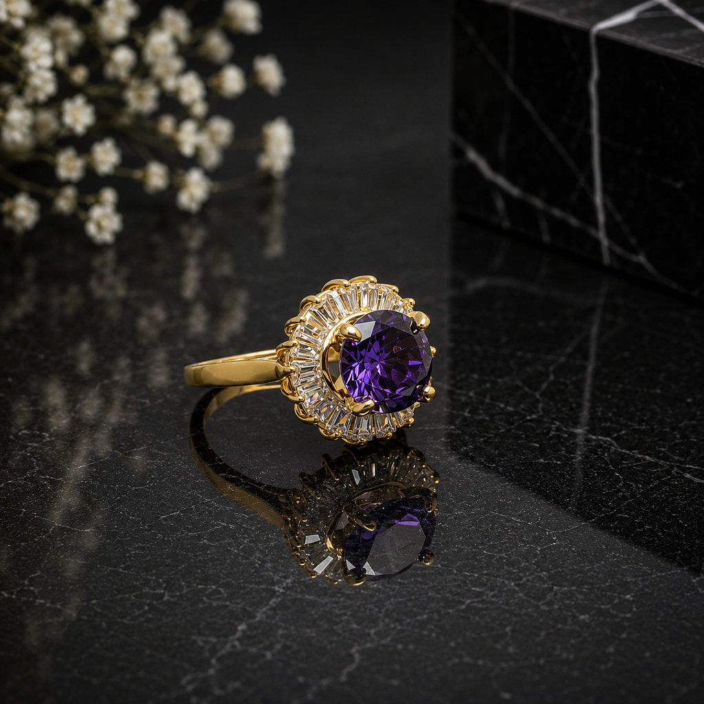Elegant gold purple amethyst CZ statement ring with deep-purple center stone and sparkling baguette halo detailing