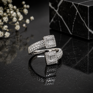 Elegant silver CZ open cuff statement ring with baguette-style center stones and sparkling crystal detailing