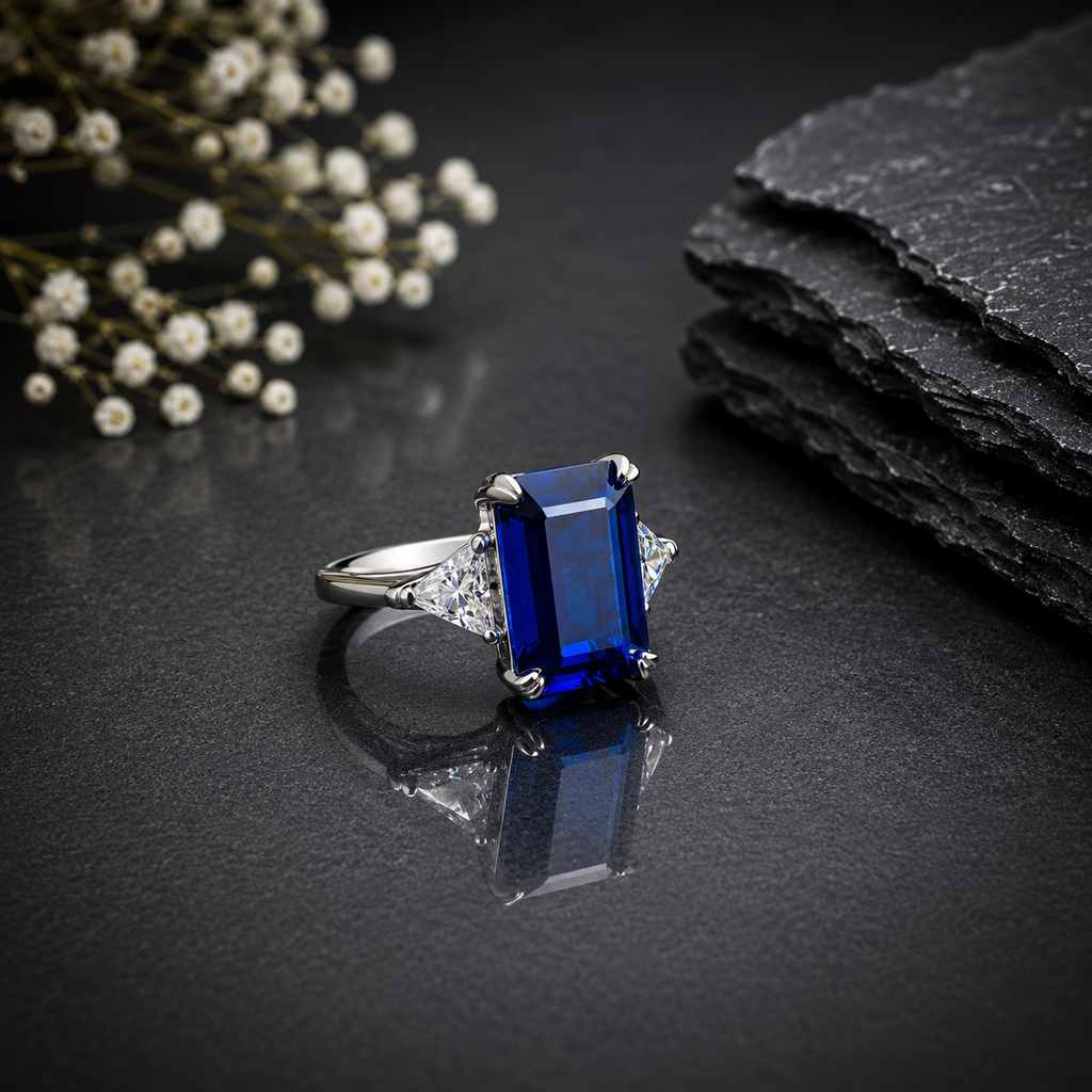 Elegant silver blue sapphire CZ statement ring with rectangular blue center stone and sparkling clear side stones