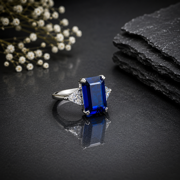 Elegant silver blue sapphire CZ statement ring with rectangular blue center stone and sparkling clear side stones