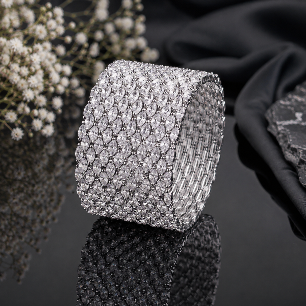 Luxury 12-piece CZ bangle set with sparkling marquise-cut stones in an elegant wide multi-row design