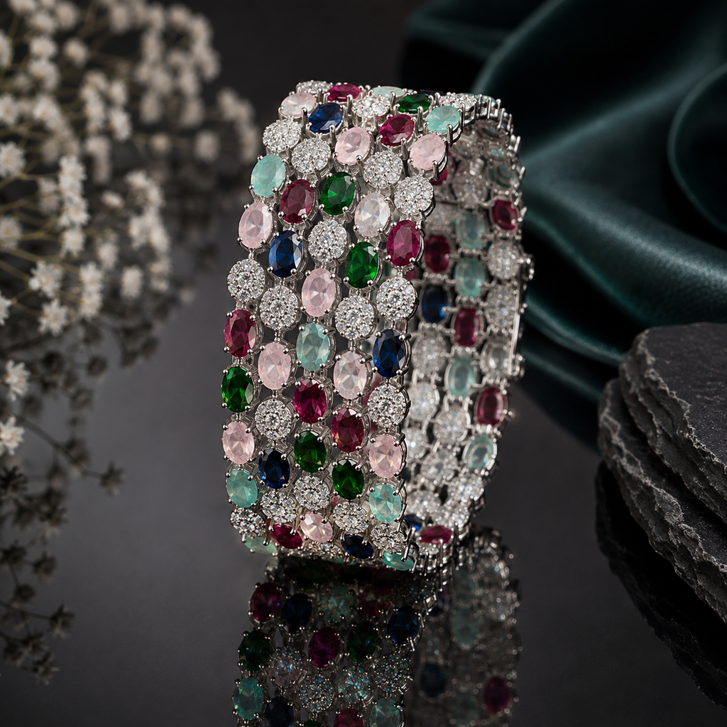 Luxury multicolor CZ stone wide bangle with green pink blue red and clear sparkling stones