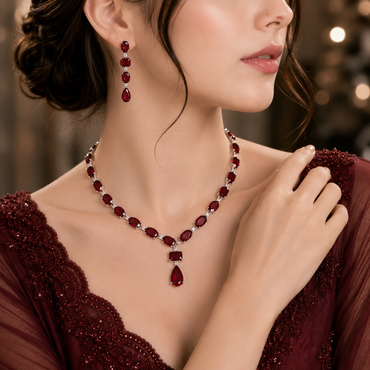Elegant ruby red CZ necklace and matching earrings set with sparkling clear stones in a luxurious silver-tone design