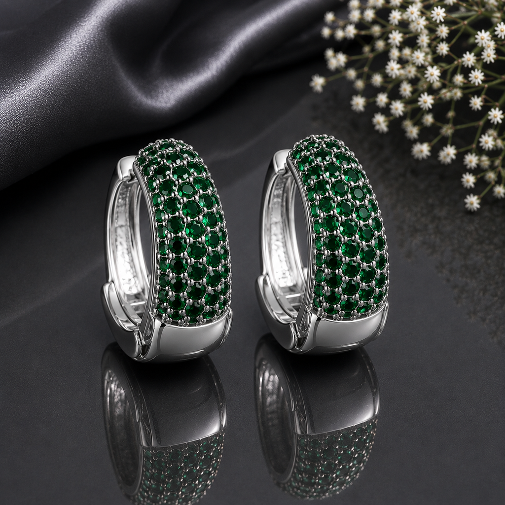 Elegant silver CZ hoop statement earrings with sparkling clear stones and polished silver-tone finish