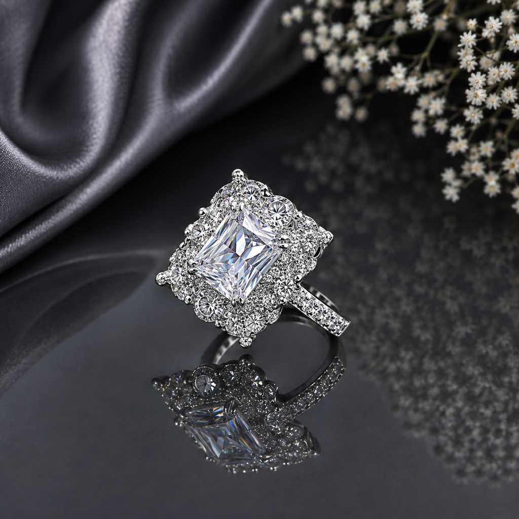 Luxury silver-tone crystal square-cut statement ring with sparkling halo detailing