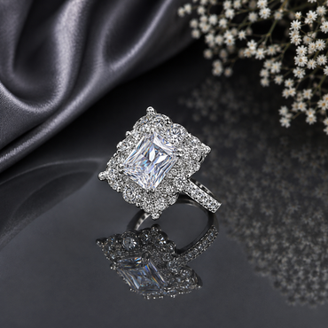 Luxury silver-tone crystal square-cut statement ring with sparkling halo detailing