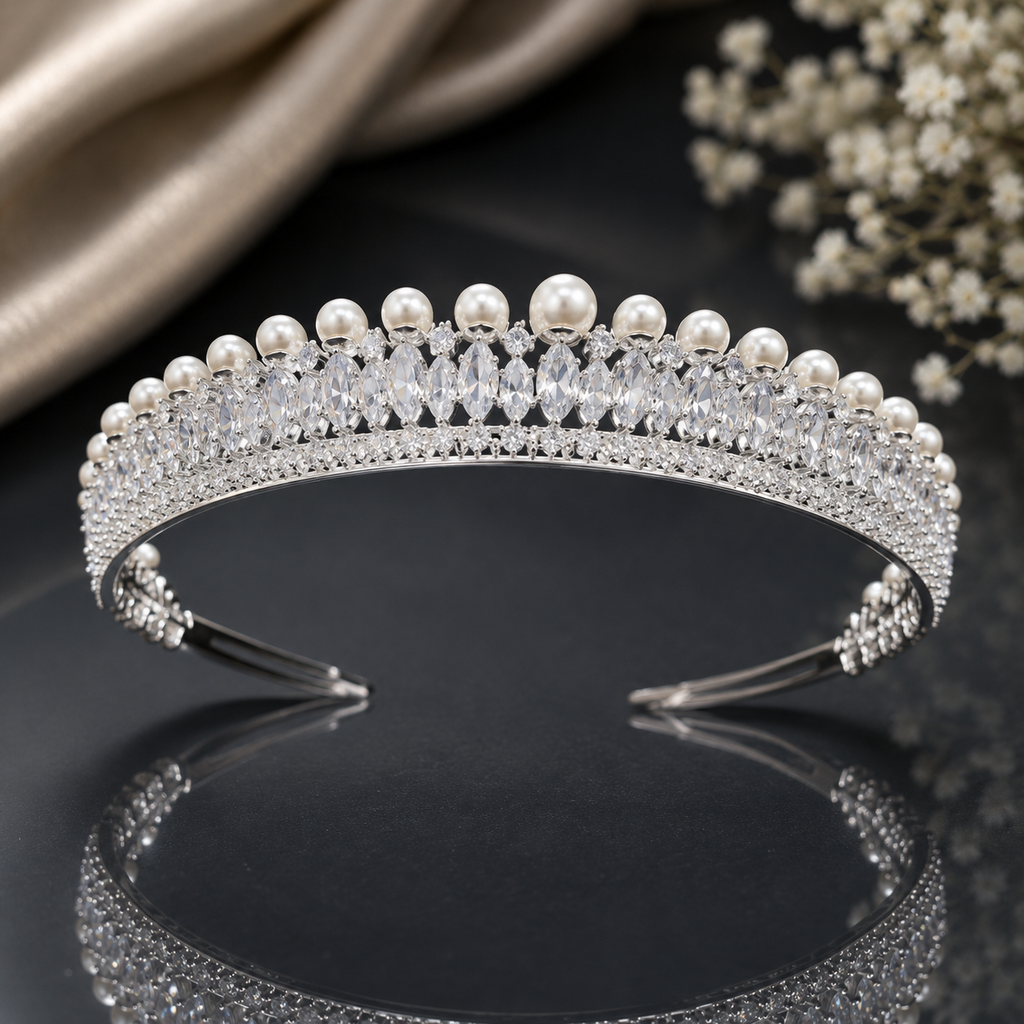 Elegant pearl crystal royal tiara with sparkling silver-tone detailing and bridal crown design