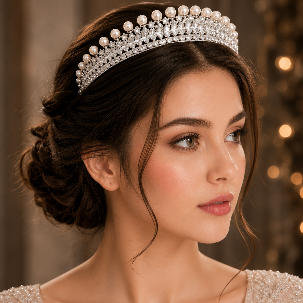 Elegant pearl crystal royal tiara with sparkling silver-tone detailing and bridal crown design