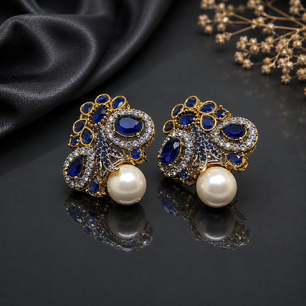 Elegant gold-tone crystal pearl statement earrings with intricate floral detailing and pearl drops
