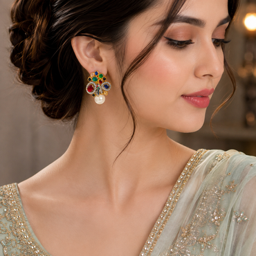 Elegant gold-tone crystal pearl statement earrings with intricate floral detailing and pearl drops