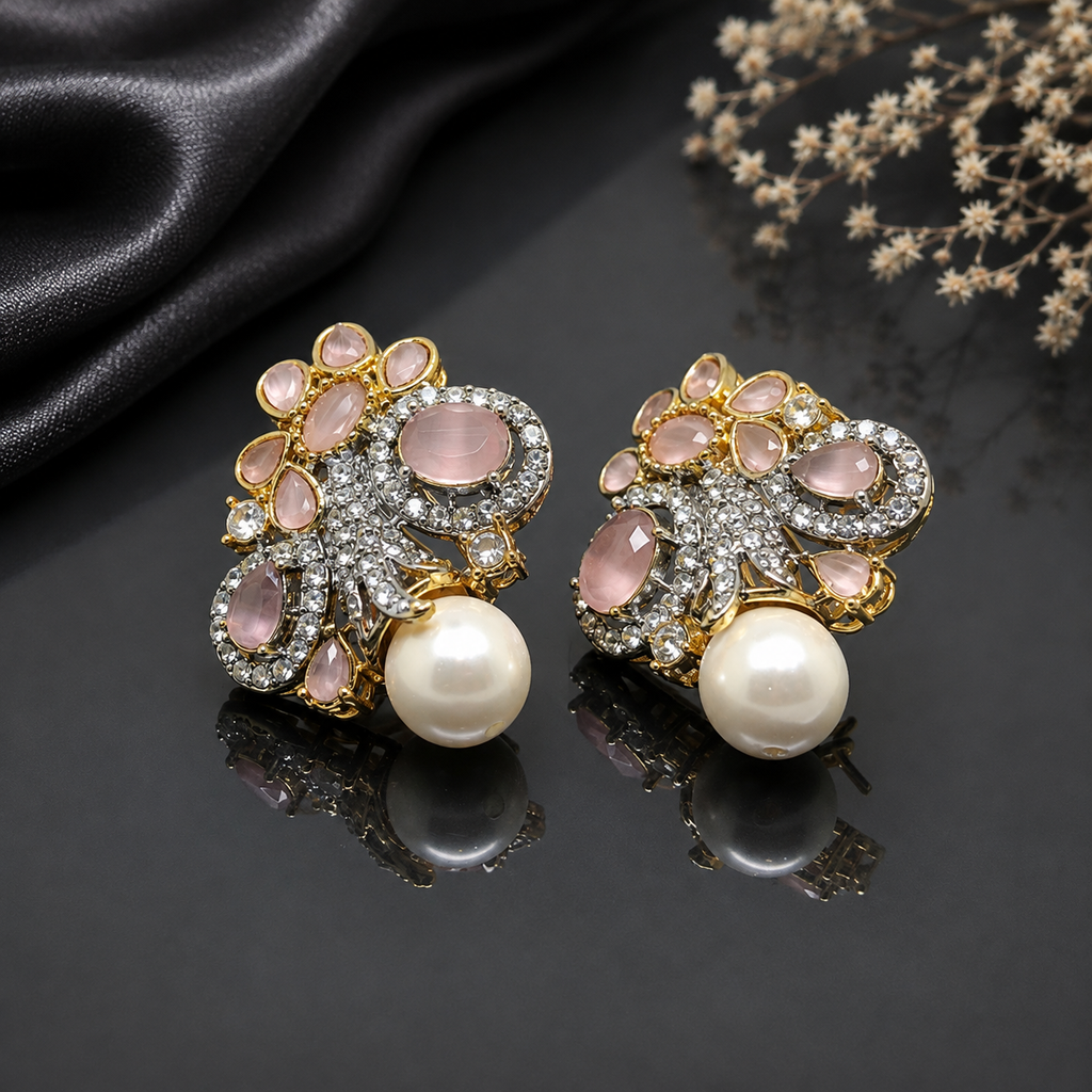 Elegant gold-tone crystal pearl statement earrings with intricate floral detailing and pearl drops