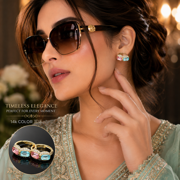 Elegant gold-tone stud earrings with pink and aqua blue crystals and sparkling stones