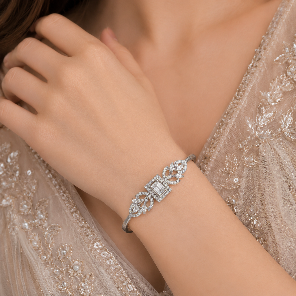 Crystal Floral Stone Bangle with sparkling stones and elegant centerpiece – destiny.pk