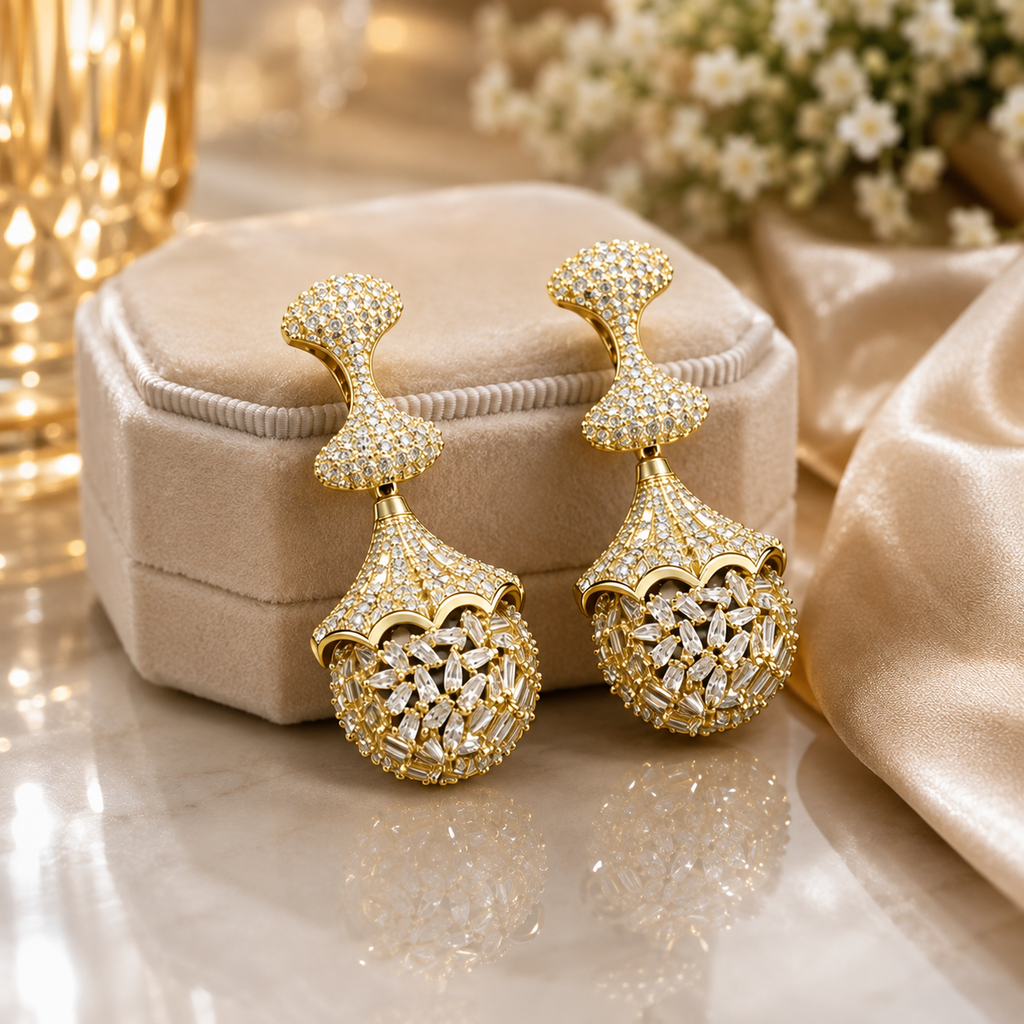 Royal gold-plated crystal drop earrings with intricate sparkling detailing