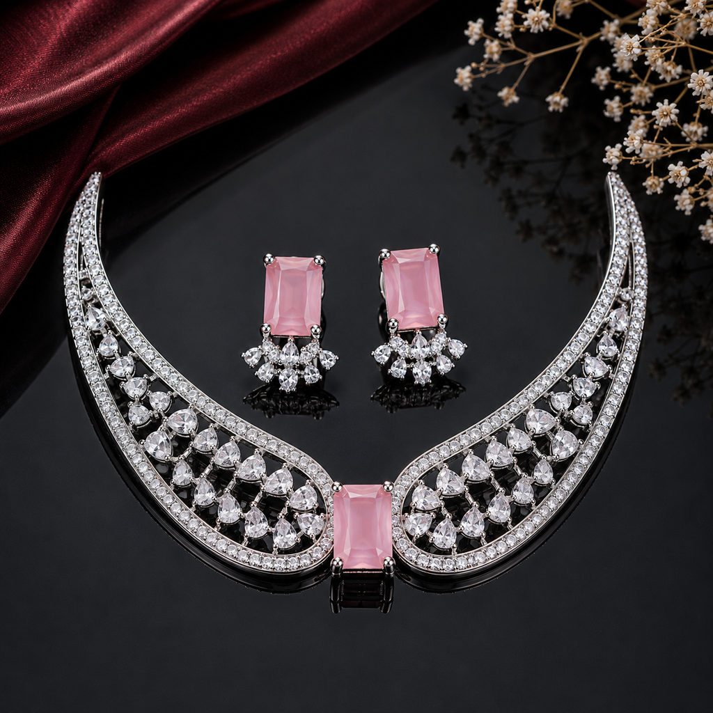 Elegant AD necklace set with intricate openwork detailing, rectangular centerpiece and matching statement earrings