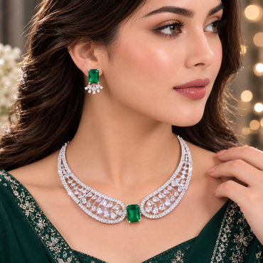 Elegant AD necklace set with intricate openwork detailing, rectangular centerpiece and matching statement earrings