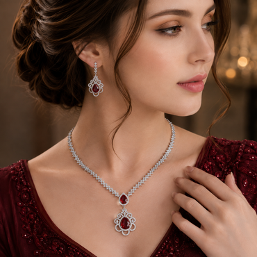 Elegant red stone American Diamond necklace and matching earrings set with sparkling silver-tone detailing