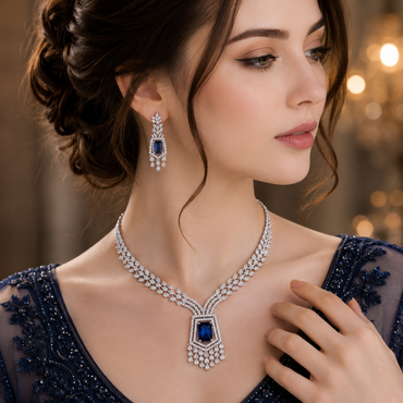 Elegant blue stone AD necklace and matching earrings set with sparkling silver-tone detailing