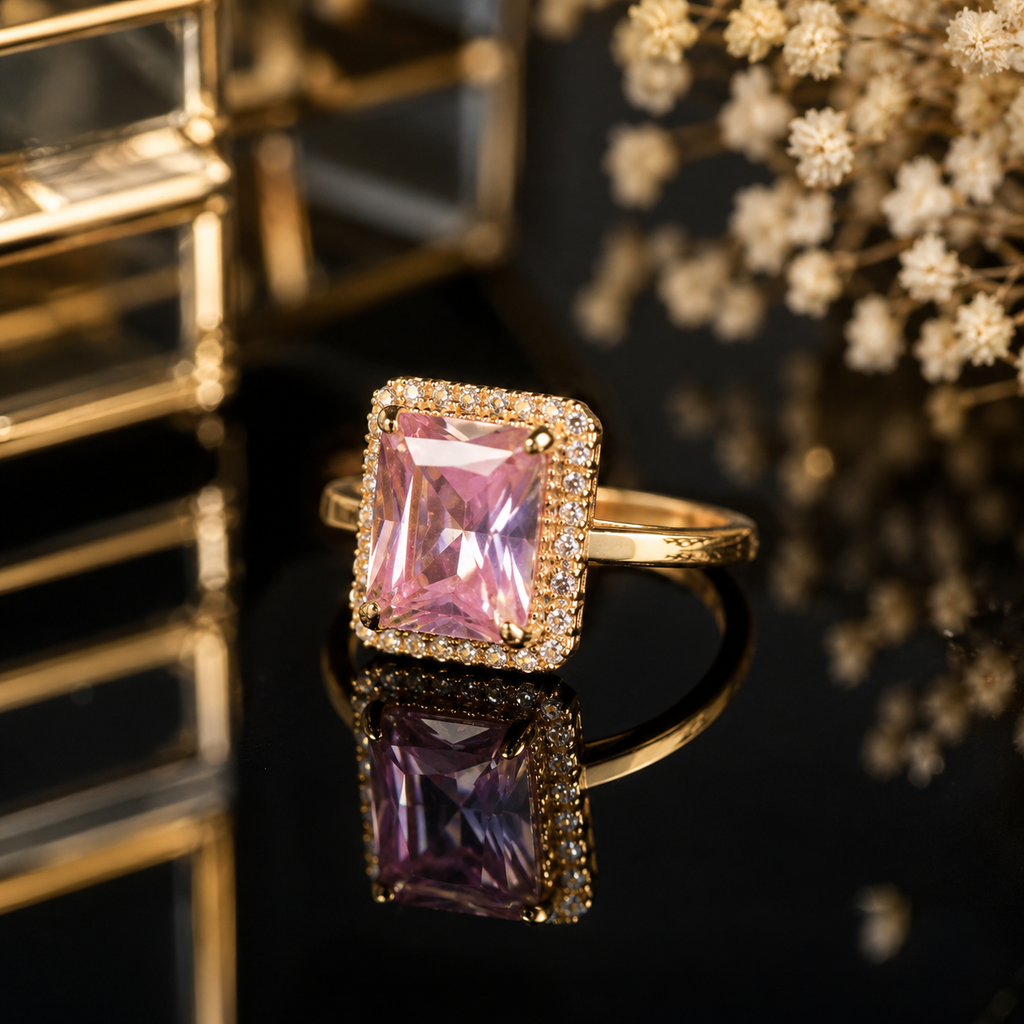Elegant gold-tone rectangular CZ statement ring with sparkling crystal detailing and polished finish