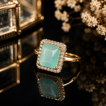 Elegant gold-tone rectangular CZ statement ring with sparkling crystal detailing and polished finish