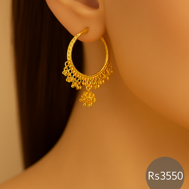 Gold-tone ghungroo hoop jhumka earrings on ear – Destiny.pk
