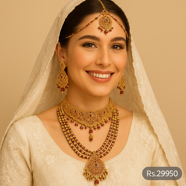 Heritage ruby kundan 4-piece bridal set (choker, rani haar, earrings, maang tikka) on model – Destiny.pk