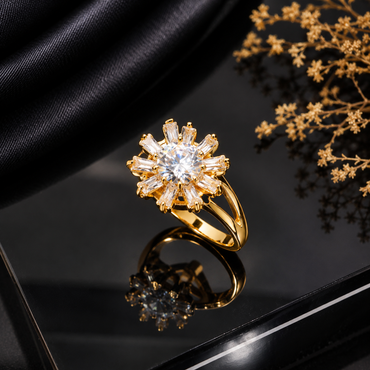 Elegant gold-tone floral CZ ring with brilliant round center stone and sparkling petal detailing