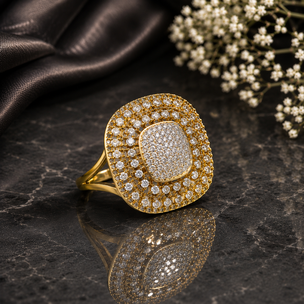 Elegant gold-tone square CZ halo statement ring with sparkling pavé detailing and luxurious finish