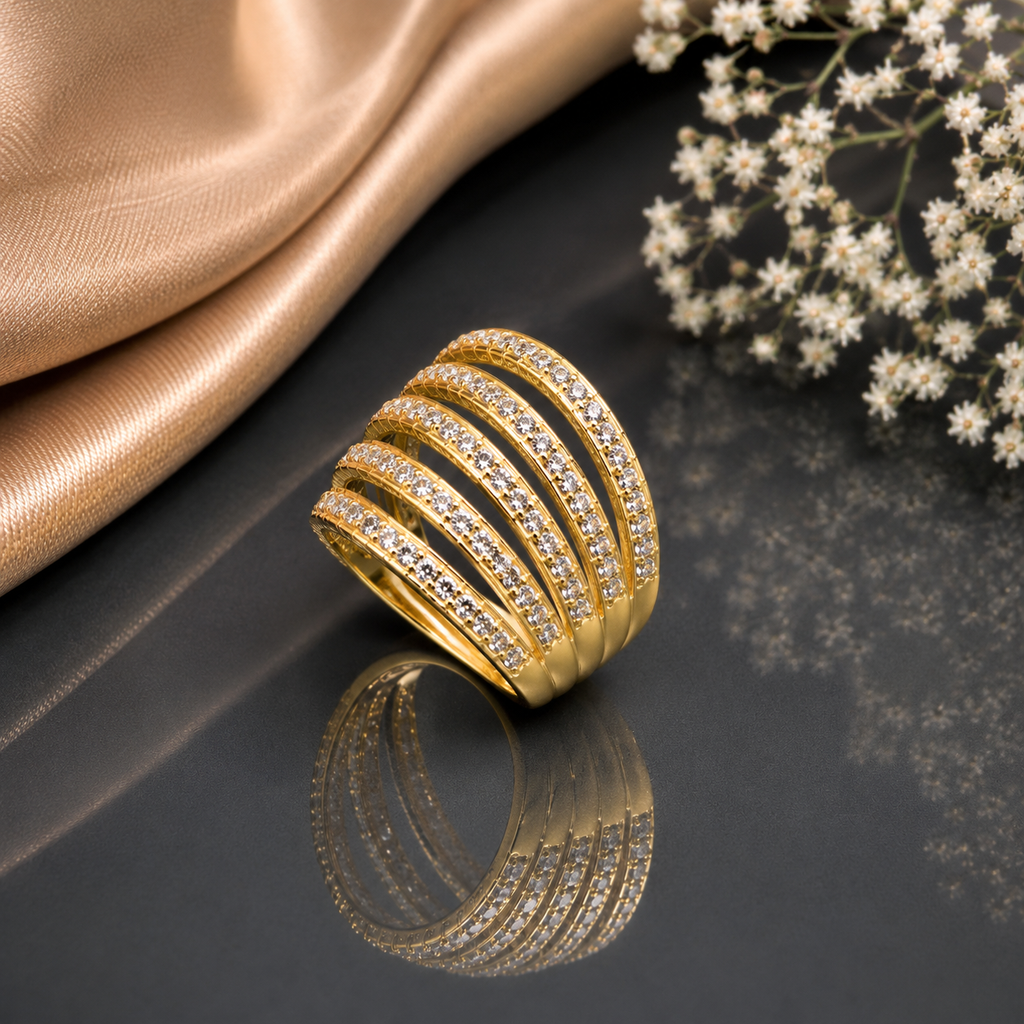 Elegant gold-tone multi-band CZ statement ring with multiple curved bands and sparkling pavé detailing