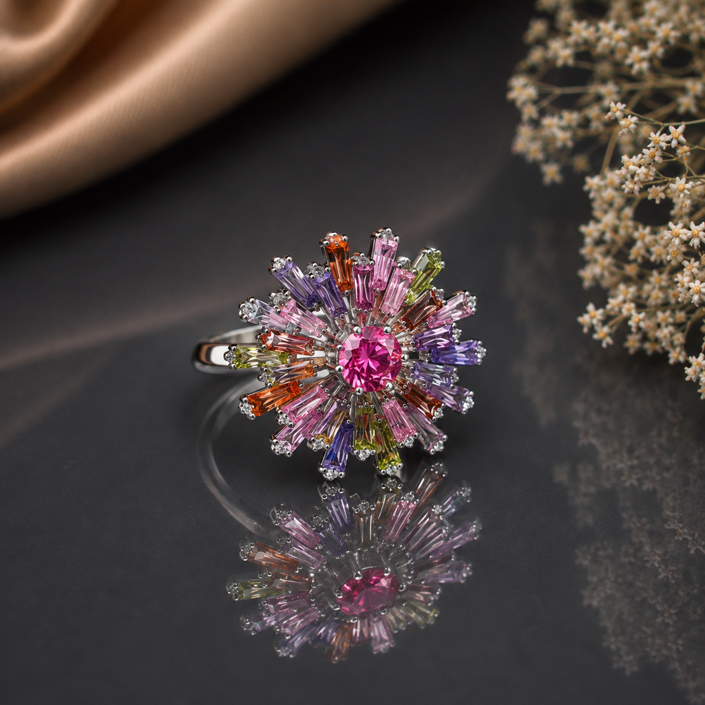 Multicolor crystal flower statement ring with pink center stone and colorful baguette-style crystal detailing