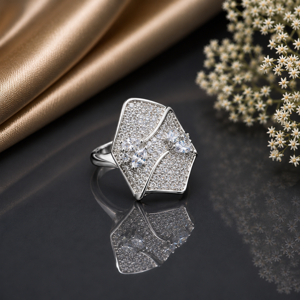 Elegant geometric crystal statement ring with intricate sparkling stone detailing and bold modern design