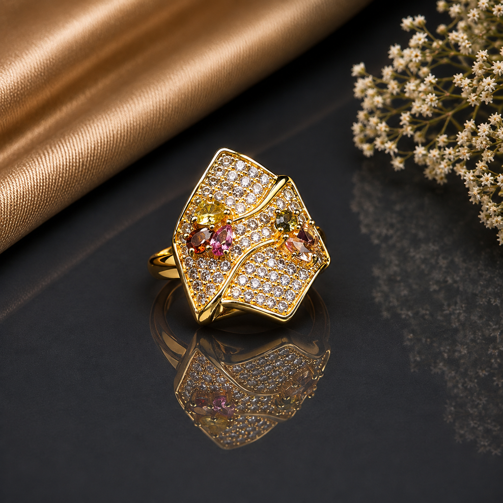 Elegant geometric crystal statement ring with intricate sparkling stone detailing and bold modern design